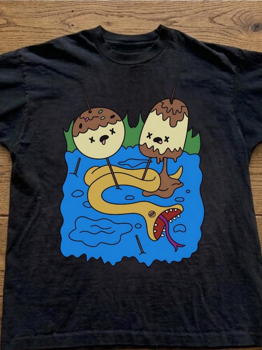 Gildan Black Tee with Blue Pond and Yellow Eel Graphic